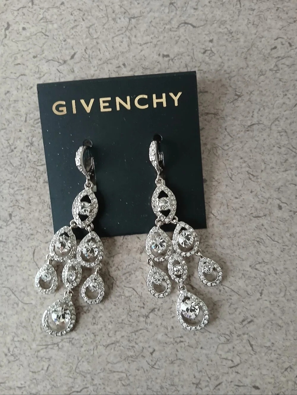 Givenchy Silver Crystal Teardrop Chandelier Earrings — Sparkling Clear Stones